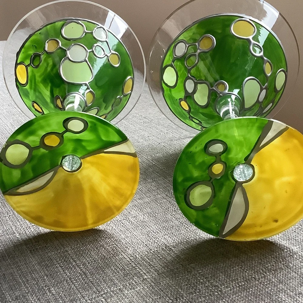 Set of 2 Faux Stained Glass Hand-Painted Molecule Martini Glasses